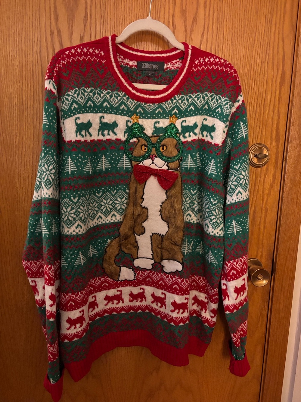 Women’s Holiday Cat Crewneck Sweater - Red & Green